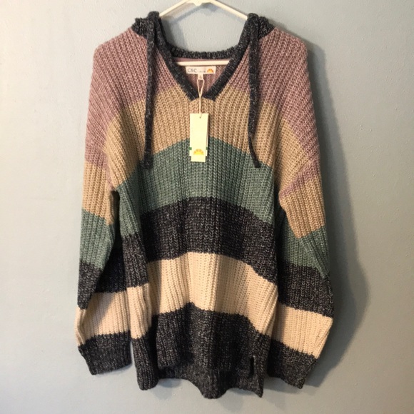 NWT C&C California Marl Striped Chunky Hooded V-Neck Sweater - Picture 1 of 14